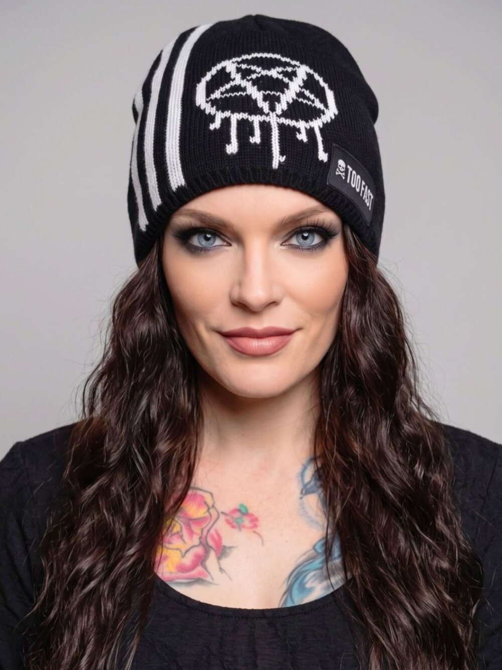 Too Fast ✦ Star & Stripes Beanie ✦ Dripping Pentagram Black/White Knit Goth OS